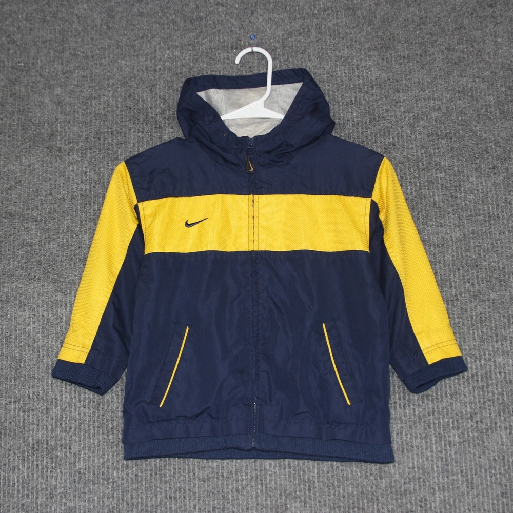 Nike Kids Track Jacket Navy Blue Yellow Swoosh Hooded Size Small 4/5 Playwear